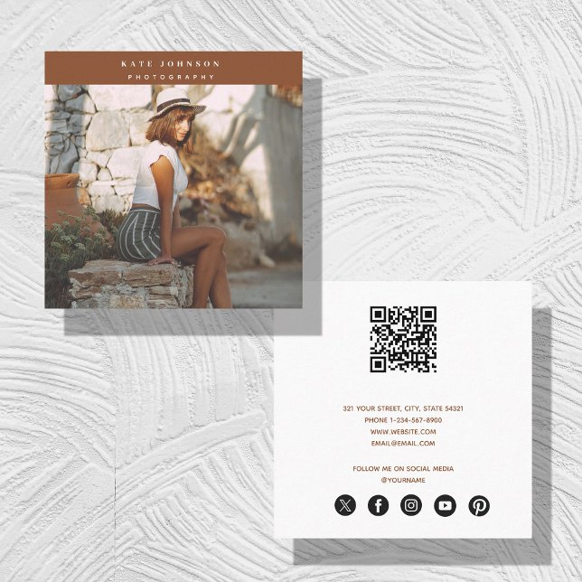 Terracotta Photographer QR Code Social Media Square Business Card (Terracotta Photographer QR Code Social Media Square Business Card)