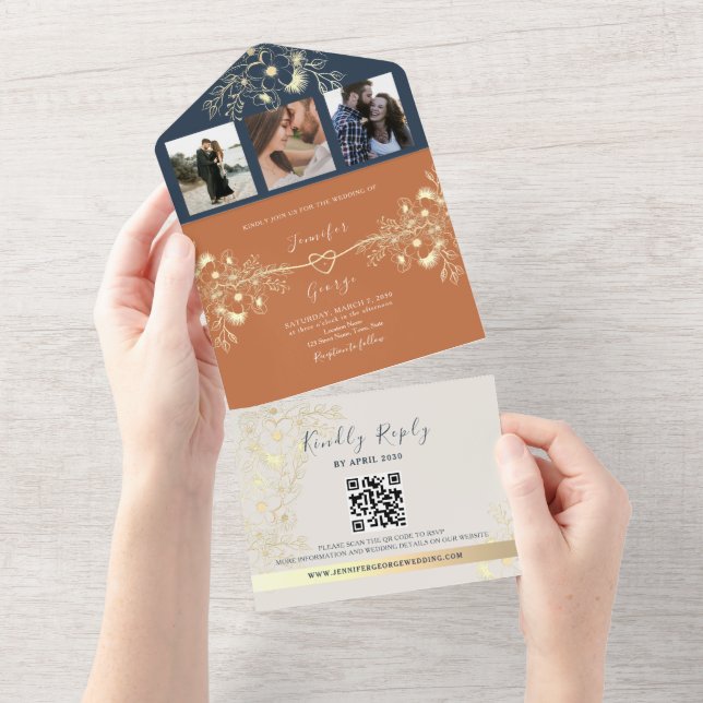 Terracotta Photos QR Code Wedding All In One Invitation (Tearaway)