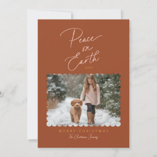 Terracotta Pink Peace on Earth Script Modern Photo Holiday Card