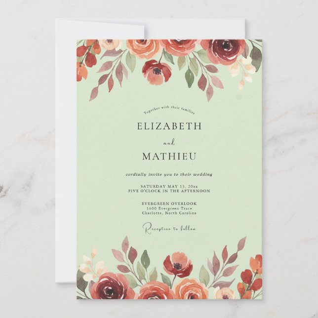 Terracotta Pistachio Blossom Wedding Invitation (Front)