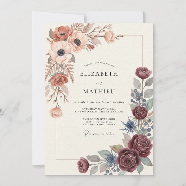 Terracotta Plum Ranunculus Sage Wedding Invitation (Front)