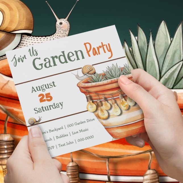 Terracotta Pot with Cute Snail in the Garden Party Invitation (House warming birthday garden party customizable invitation with cute plants and bugs. )