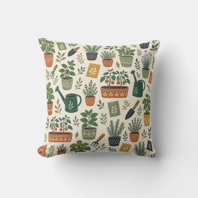 Terracotta Pots and Kitchen Herbs Botanical Patter Cushion (Front)