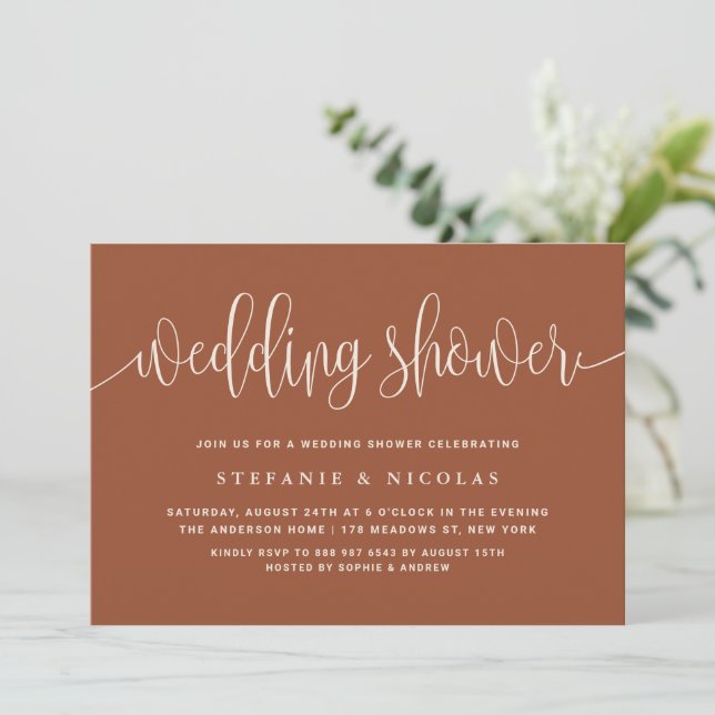 Terracotta Pretty Calligraphy Wedding Shower Invitation (Standing Front)