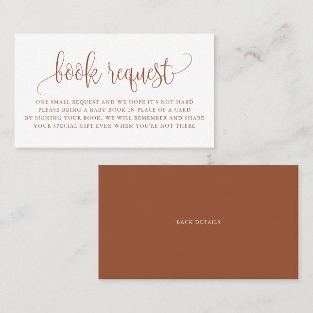 Terracotta Pretty Script Baby Shower Book Request Business Card (Front/Back)