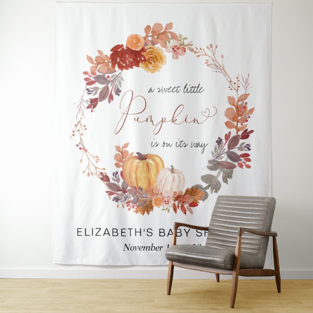 Terracotta Pumpkin Baby Shower Photo Backdrop Tapestry (In Situ)