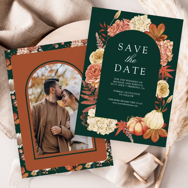 Terracotta Pumpkin Floral Emerald Green Wedding Save The Date (Creator Uploaded)