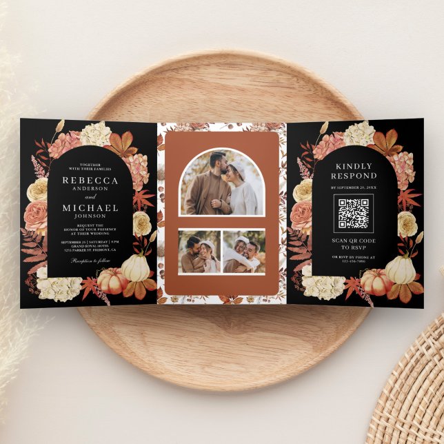Terracotta Pumpkin Floral QR Code Black Wedding Tri-Fold Invitation (Creator Uploaded)