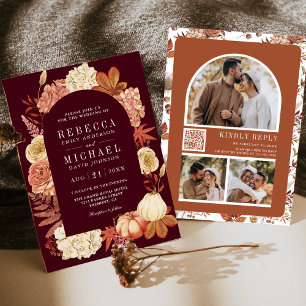 Terracotta Pumpkin Floral QR Code Burgundy Wedding Invitation