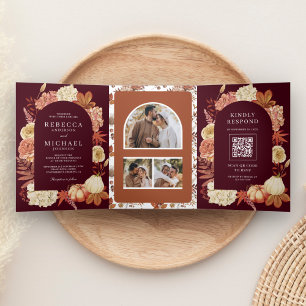 Terracotta Pumpkin Floral QR Code Burgundy Wedding Tri-Fold Invitation