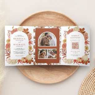 Terracotta Pumpkin Floral QR Code Wedding Tri-Fold Invitation