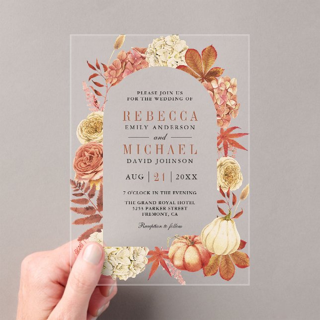Terracotta Pumpkin Floral Wedding Acrylic Invitations (Insitu (Handheld))