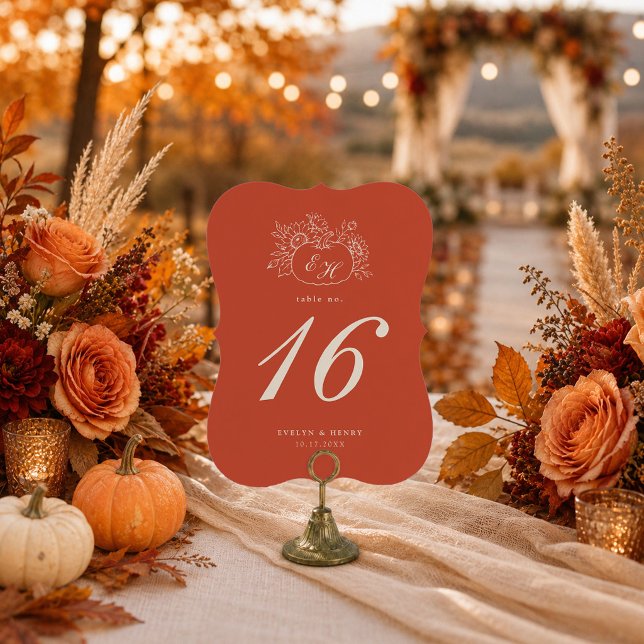 Terracotta Pumpkin Monogram Die-Cut Table Number (Creator Uploaded)