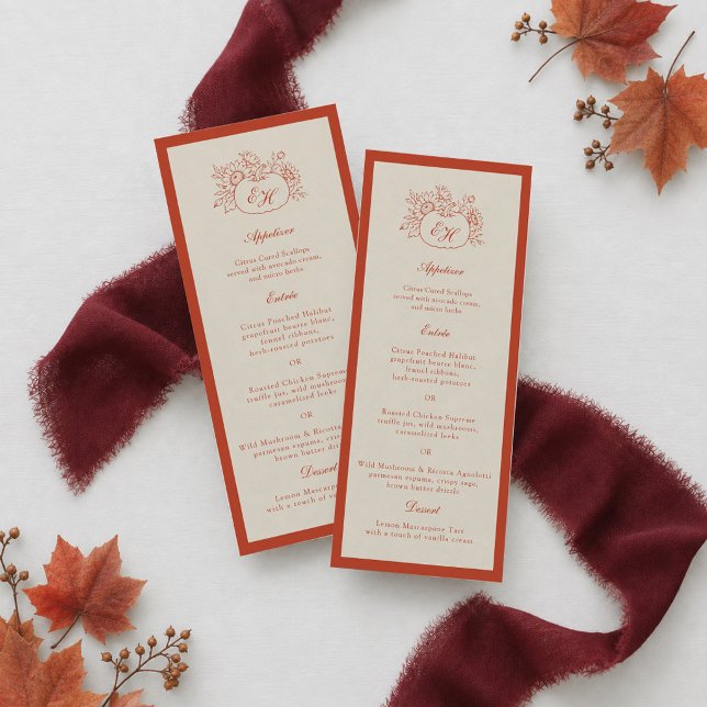Terracotta Pumpkin Monogram Long Wedding Menu Invitation (Creator Uploaded)