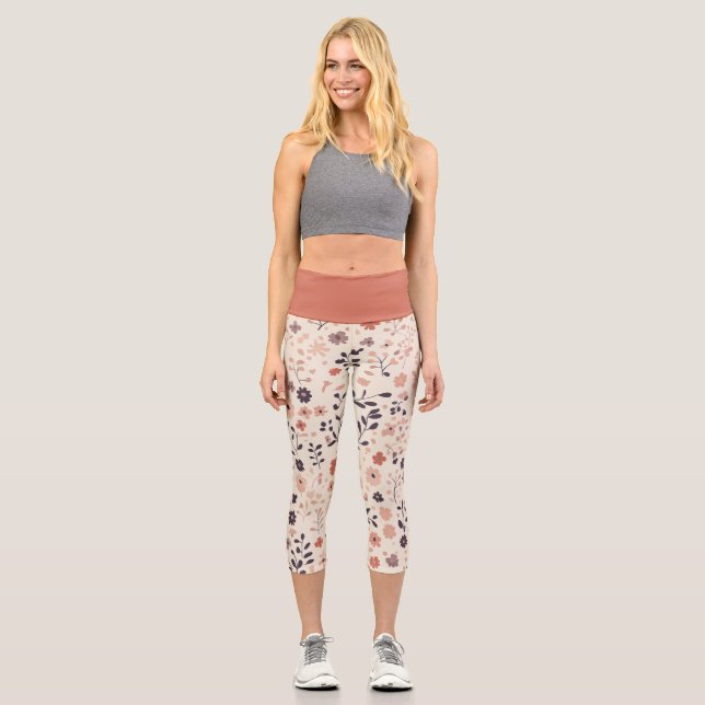 Terracotta Purple Beige Boho Watercolor Florals  Capri Leggings (Front)