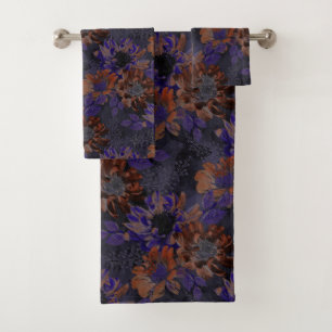 Terracotta, purple flowers on a velvety grey  bath towel set