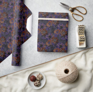 Terracotta, purple flowers on a velvety grey wrapping paper