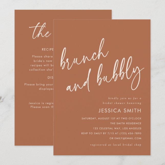 Terracotta QR Code Brunch and Bubbly Bridal Shower Invitation (Front/Back)