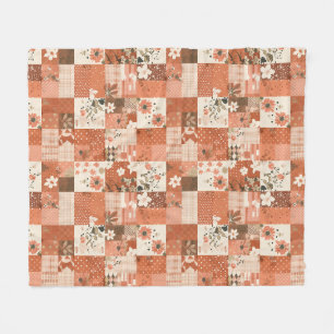 Terracotta Quilt Patchwork Gingham Cottagecore Fleece Blanket