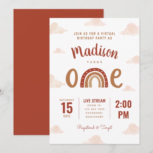 Terracotta Rainbow Boho Virtual First Birthday Invitation (Front/Back)