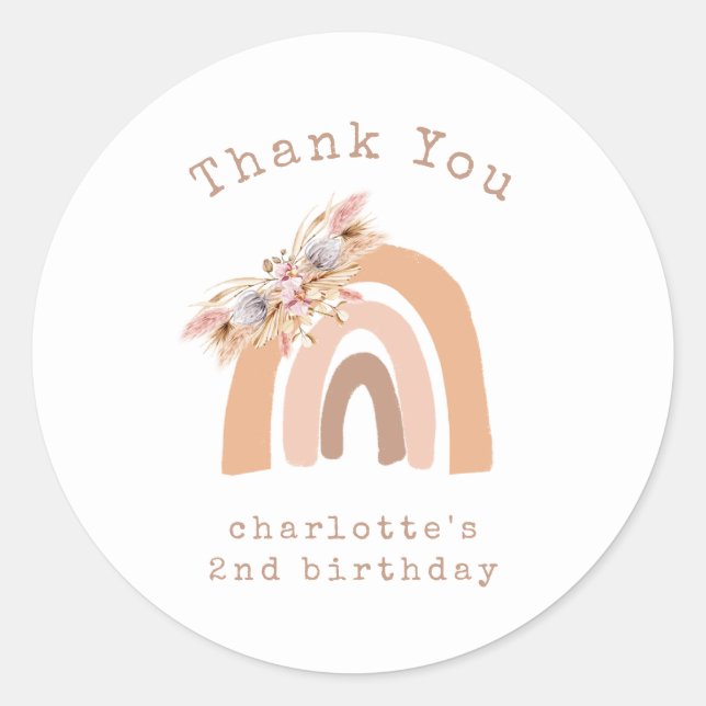 Terracotta Rainbow Pampas Grass Birthday Thank You Classic Round Sticker (Front)