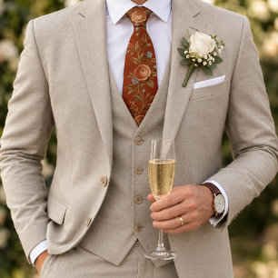 Terracotta Ranunculus Blue Botanical Floral Tie