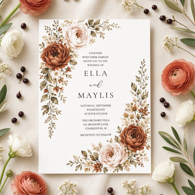Terracotta Ranunculus Floral Fall Wedding  Invitation (Creator Uploaded)