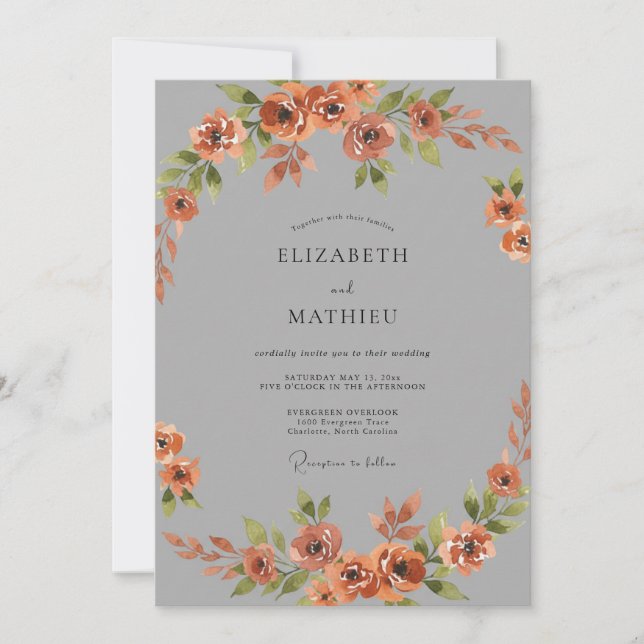 Terracotta Ranunculus Grey Eucalyptus Wedding Invitation (Front)