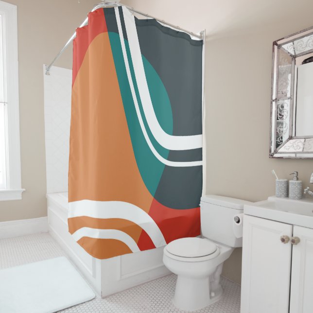 Terracotta red blue and white abstract line art shower curtain (In Situ)