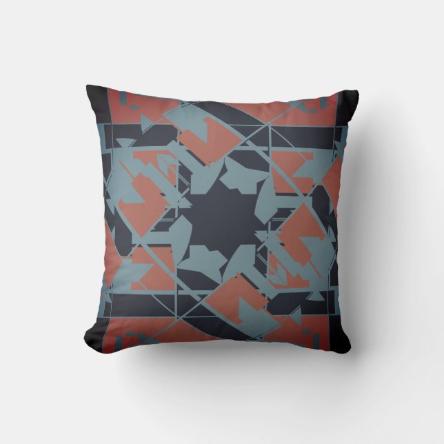 Terracotta Red Blue Mediterranean Abstract Flower Cushion (Front)