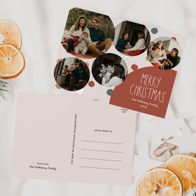 Terracotta Red Boho Polka Dot Christmas Five Photo Holiday Postcard (Creator Uploaded)