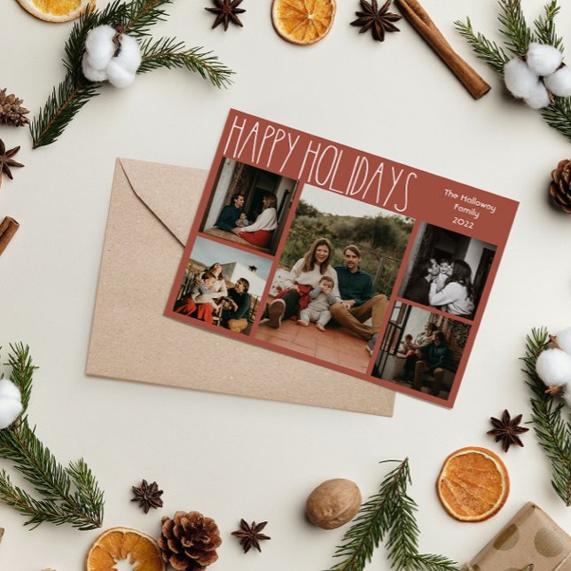 Terracotta Red Boho Polka Dot Five-Photo Holiday Card (Creator Uploaded)