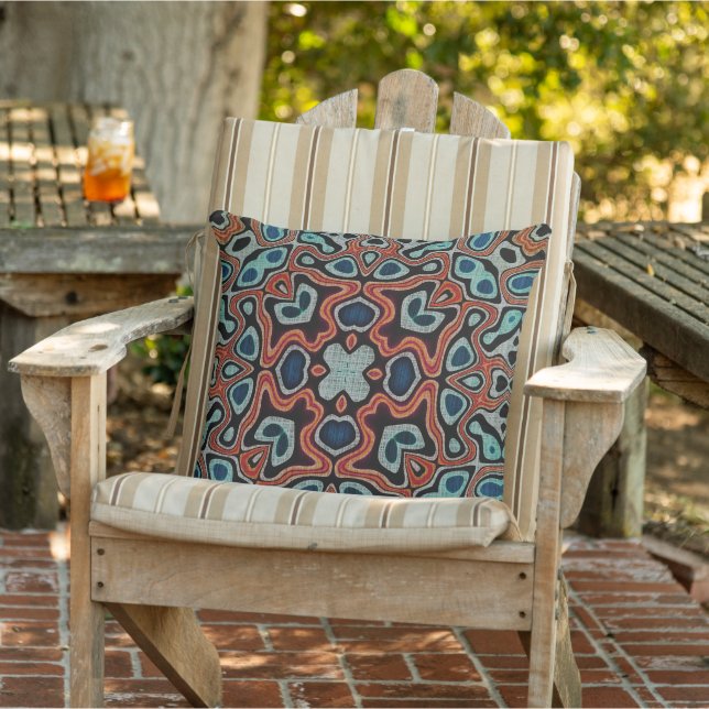 Terracotta Red Brown Blue Turquoise Tribal Art Cushion (Chair)