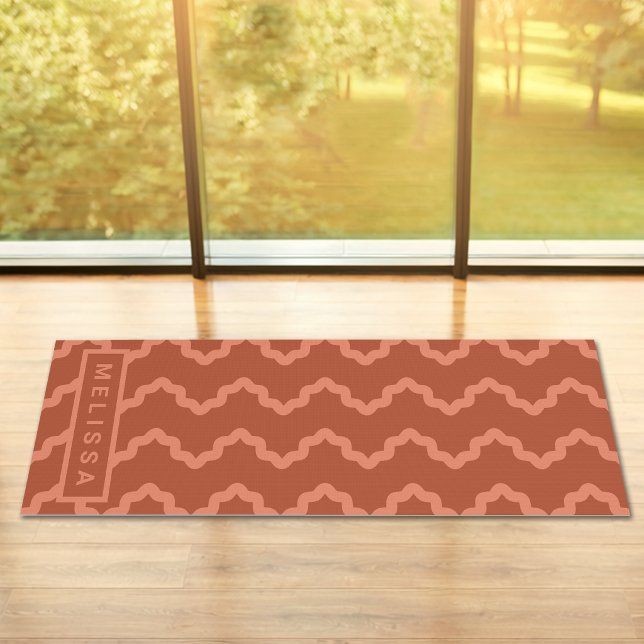 Terracotta Red Modern Minimal Wavy Lines And Name Yoga Mat (Disclaimer: This image is a digital mockup.)