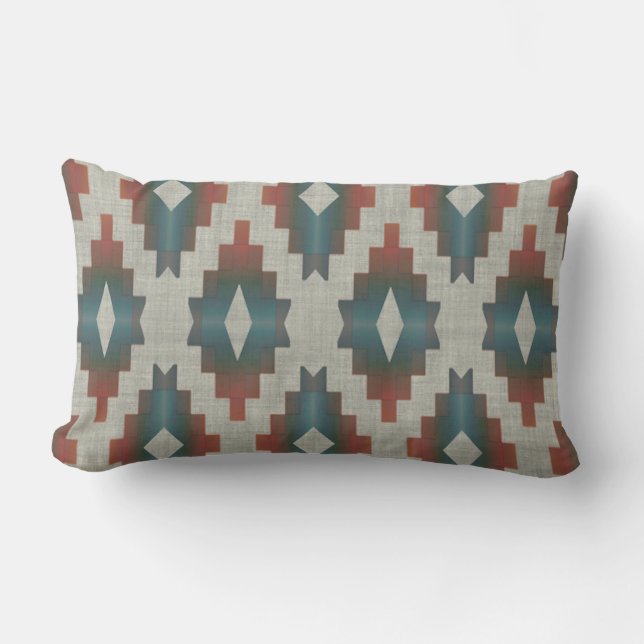 Terracotta Red TaupeBrown Teal Blue Tribal Art Lumbar Cushion (Front)