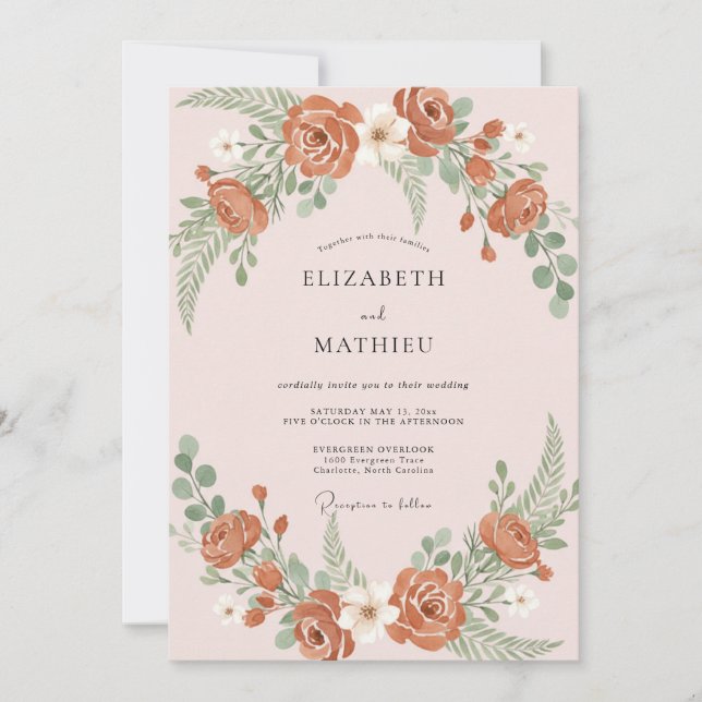 Terracotta Refined Floral Wedding Invitation (Front)