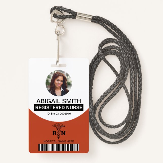 Terracotta Registered nurse caduceus photo  ID Badge (Front with Lanyard)