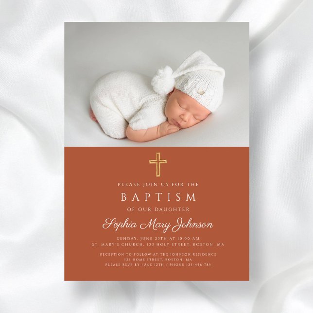 Terracotta Religious Cross Photo Baptism Invitation (Terracotta Religious Cross Photo Baptism Invitation)