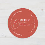 Terracotta Retro Boho Minimalist Christmas Address Classic Round Sticker<br><div class="desc">This Terracotta Retro Boho Minimalist Christmas Address Classic Round Sticker design features a soft and warm backdrop of muted brick red with an elegant pairing of simple typography and delicate script offering seasons greetings of "Merry Christmas". This lovely minimal style is a perfectly polished aesthetic for your loved ones to...</div>