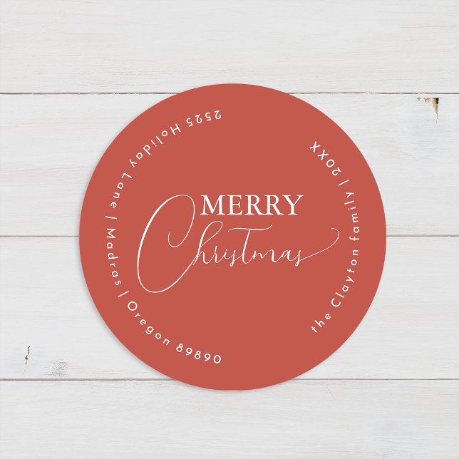 Terracotta Retro Boho Minimalist Christmas Address Classic Round Sticker (Creator Uploaded)