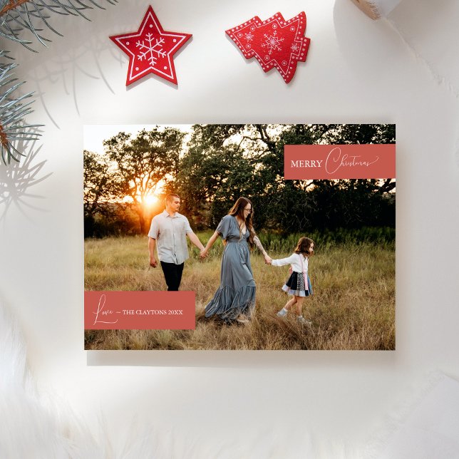 Terracotta Retro Boho Minimalist Family News Photo Holiday Card (Creator Uploaded)
