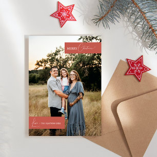 Terracotta Retro Boho Minimalist Family Portrait Holiday Card
