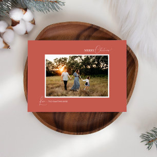 Terracotta Retro Boho Minimalist Photo and Letter Holiday Card