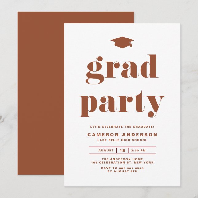 Terracotta Retro Bold Typography Graduation Party Invitation (Front/Back)