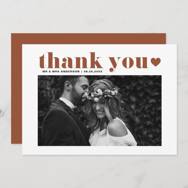Terracotta Retro Bold Typography Photo Wedding Thank You Card (Front/Back)