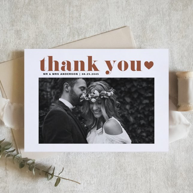 Terracotta Retro Bold Typography Photo Wedding Thank You Card (Creator Uploaded)