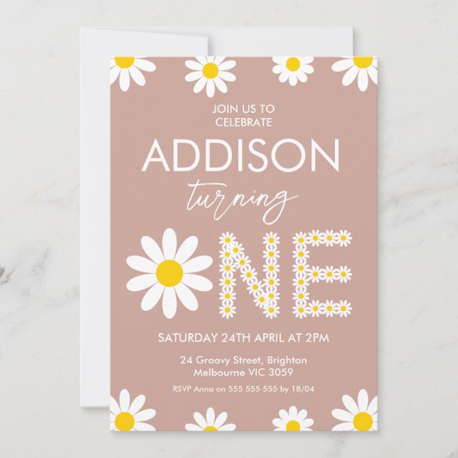 Terracotta Retro Girls Daisy 1st Birthday Invitation (Front)