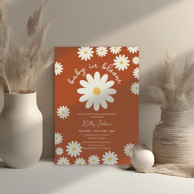Terracotta Retro Groovy Baby in Bloom Shower  Invitation (Creator Uploaded)
