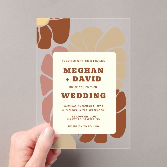 Terracotta Retro Groovy Boho Chic Floral Wedding Acrylic Invitations (Insitu (Handheld))