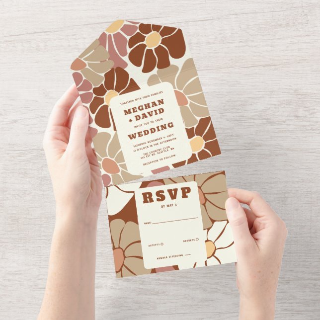 Terracotta Retro Groovy Boho Chic Floral Wedding All In One Invitation (Tearaway)
